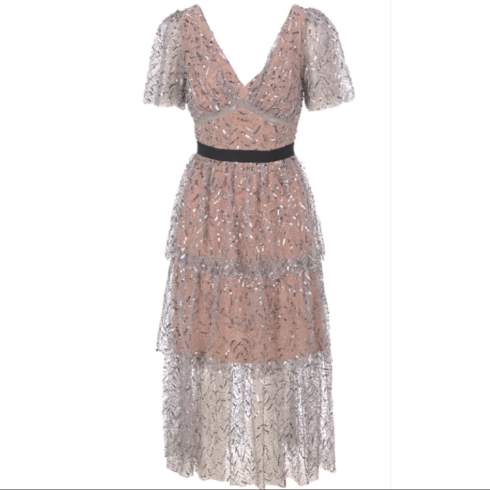 SELF-PORTRAIT Tiered sequinned tulle midi dress